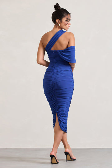 Cici Cobalt Blue Asymmetric One Shoulder Ruched Midi Dress
